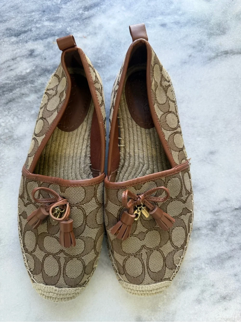 Coach Signature Canvas Espadrille Flats in Brown and Tan with Tassels